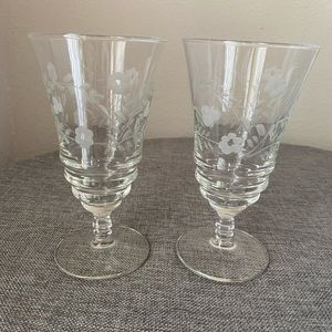 Vintage Etched Glass Stemware Water Goblet. Set of 2.